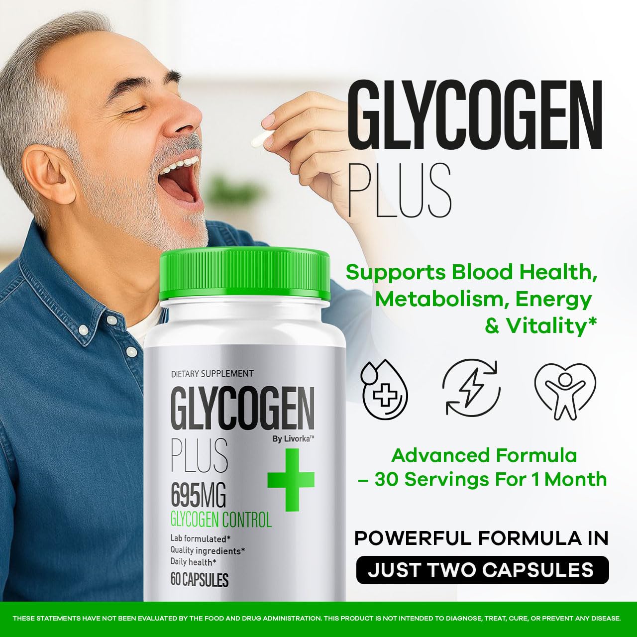 LIVORKA Glycogen Plus 600mg capsules closeup highlighting easy-to-swallow pills.