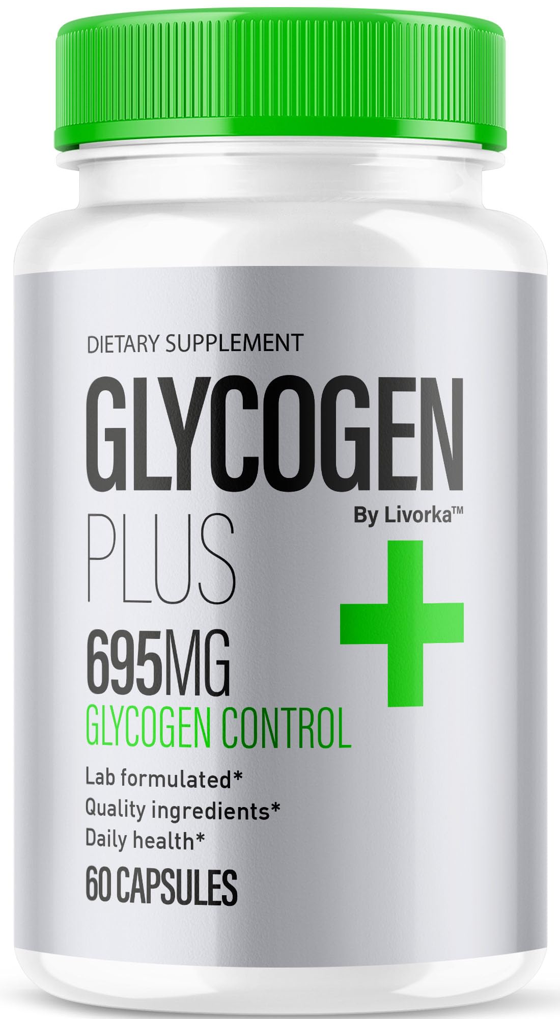 LIVORKA Glycogen Plus bottle closeup shows 600mg per capsule for daily wellness.