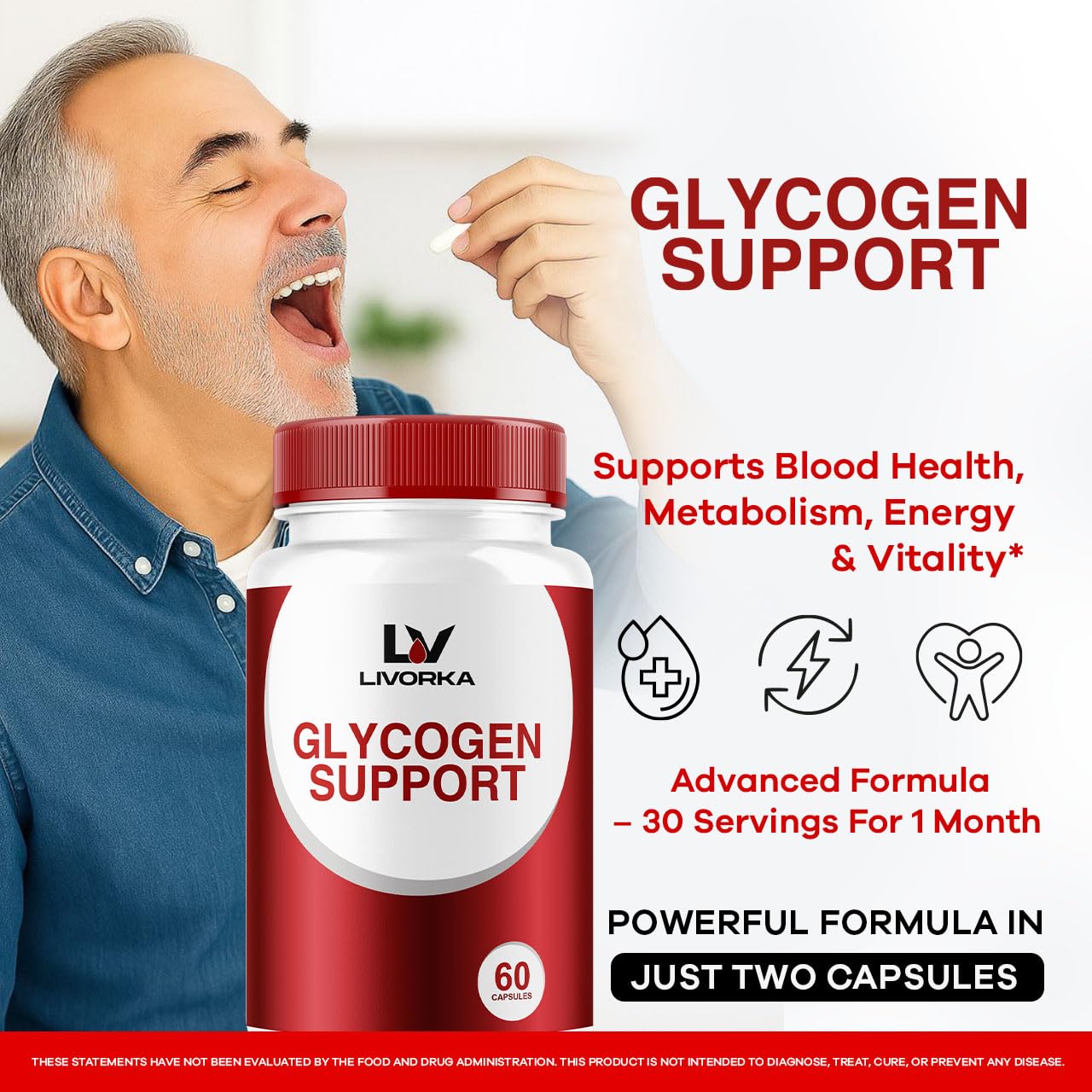 LIVORKA Glycogen Support bottle close-up shows capsule texture and design