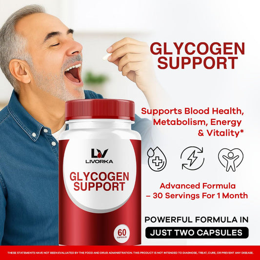 LIVORKA Glycogen Support bottle close-up shows capsule texture and design