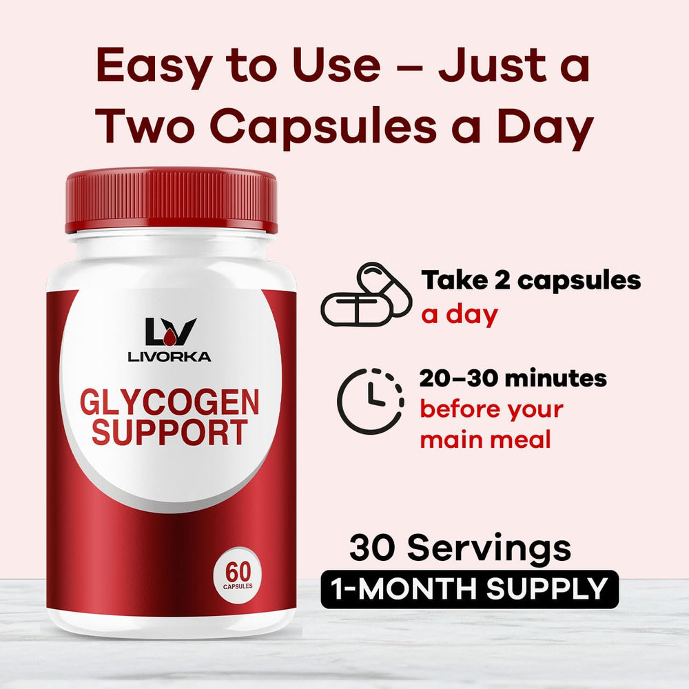 LIVORKA Glycogen Support label detail highlighting key ingredients
