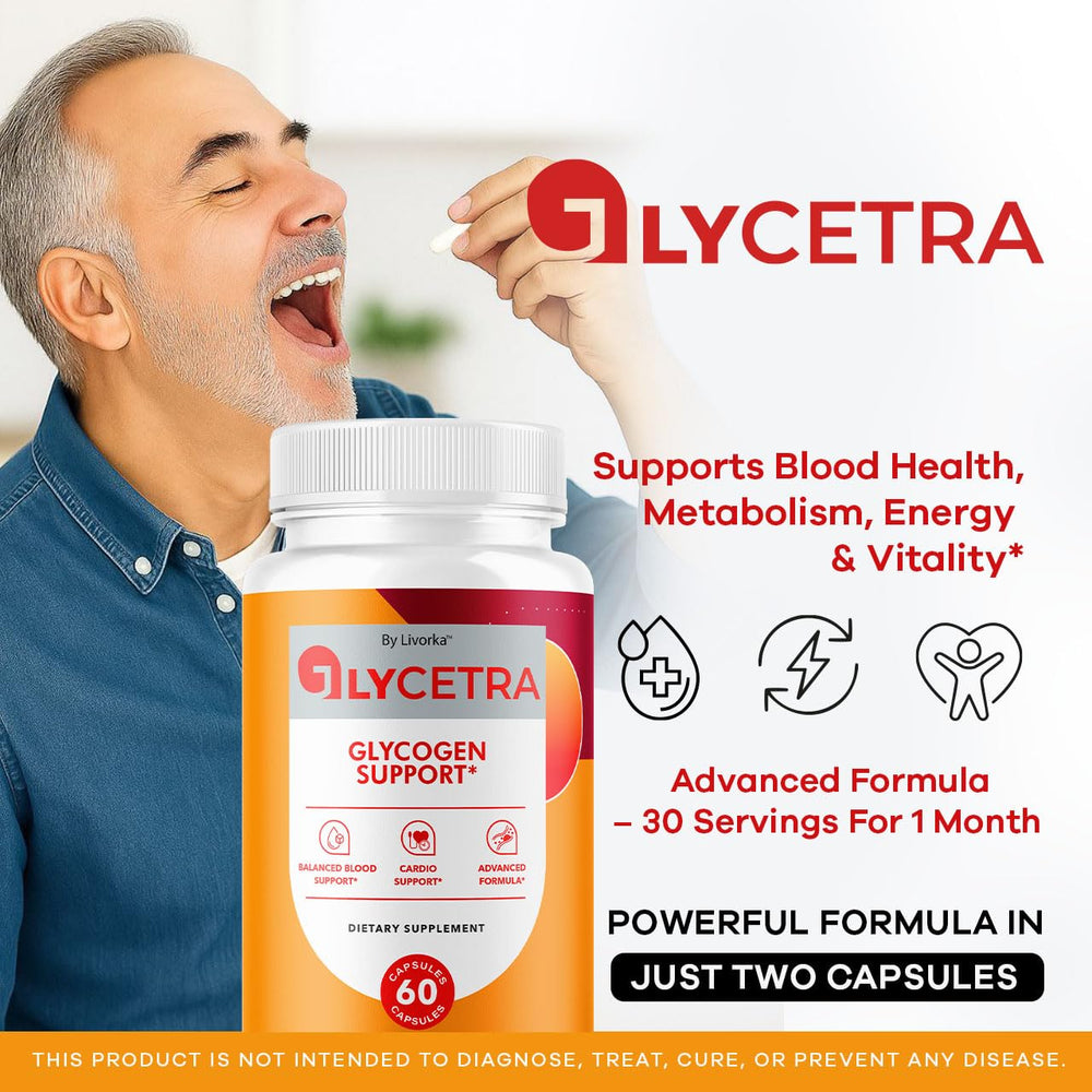 Glycetra capsules close-up highlighting natural formula for daily energy