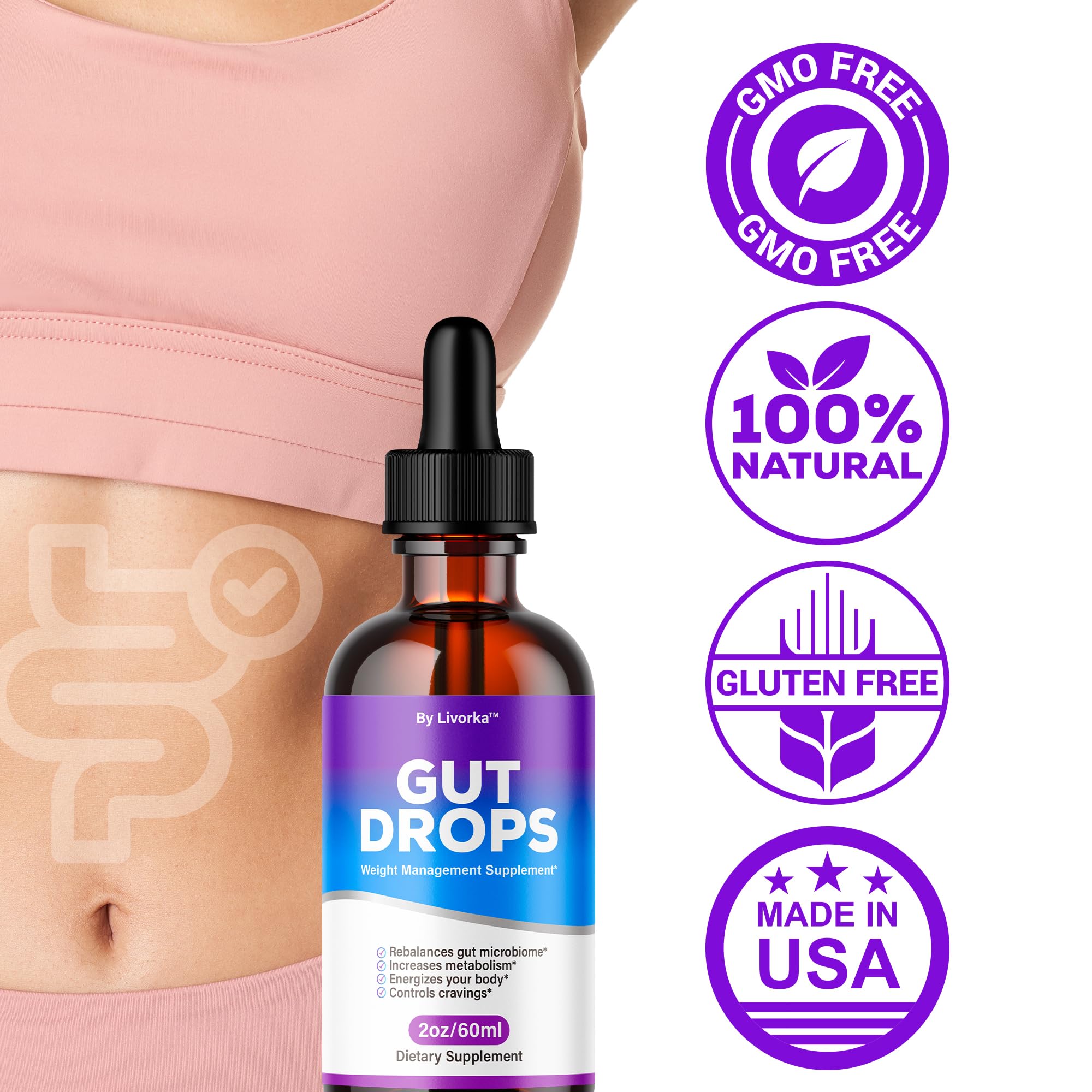 LIVORKA Gut Drops label closeup featuring product name and benefits.