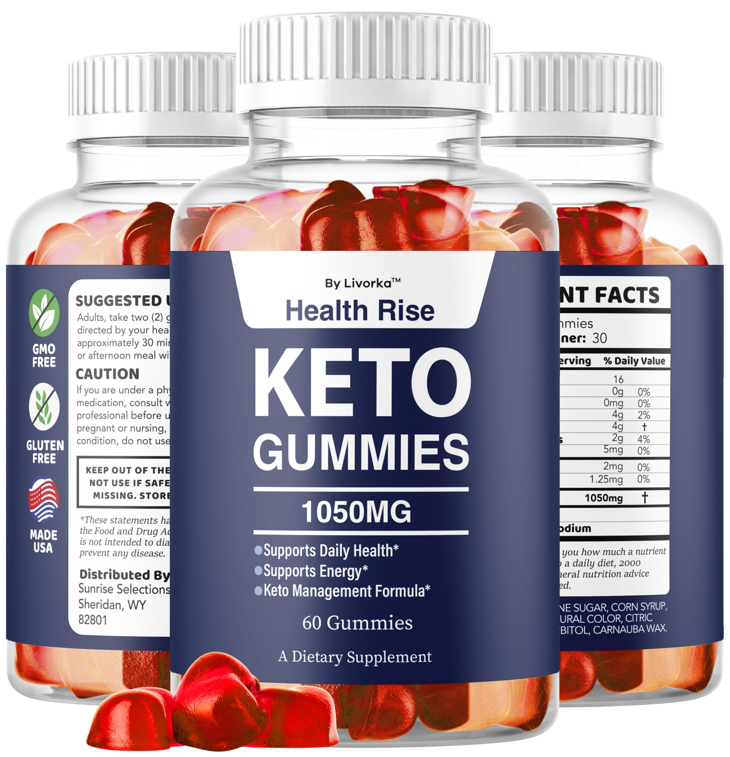 LIVORKA Health Rise Keto ACV Gummies ingredient panel shows transparent formula details.