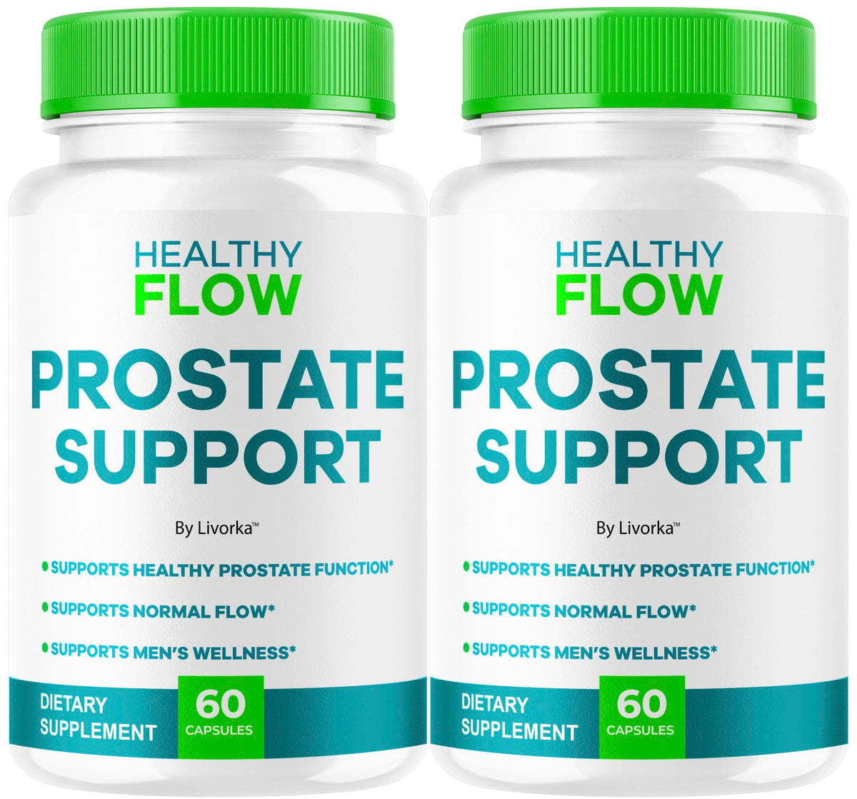 LIVORKA Healthy Flow Prostate Support bottle showing two-month supply for daily wellness.