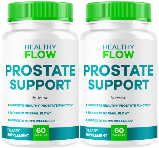 LIVORKA Healthy Flow Prostate Support bottle showing two-month supply for daily wellness.