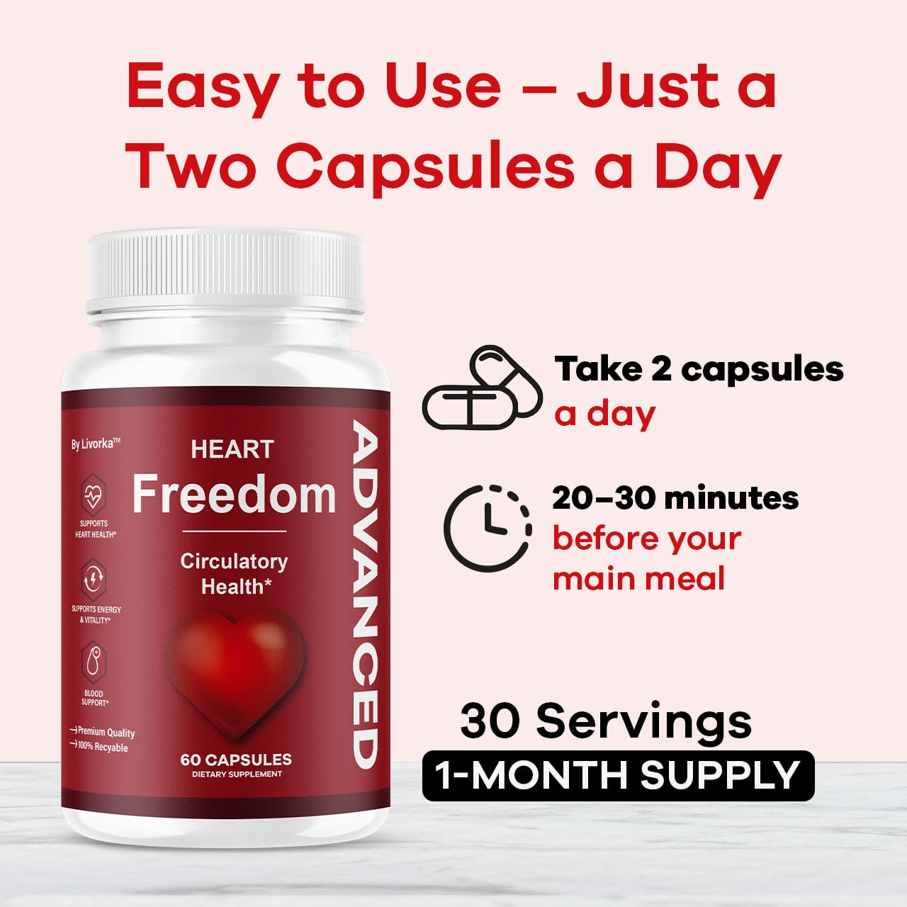LIVORKA Heart Freedom capsules close-up highlighting capsule texture.