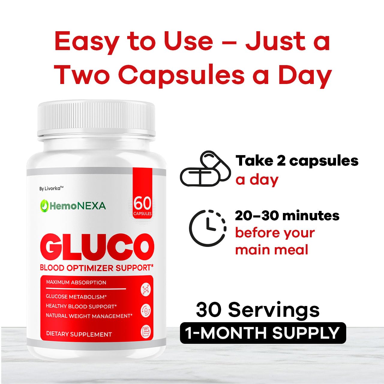 LIVORKA HemoNexa daily-use scene with two capsules ready to take.