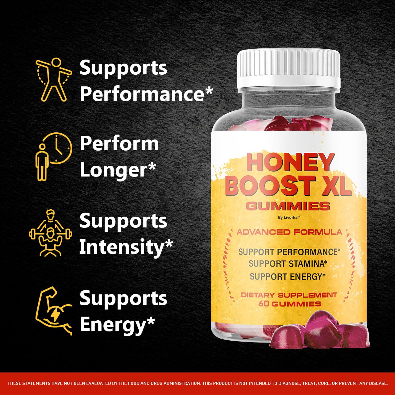 LIVORKA Honey Boost XL gummies advanced formula bottle highlights premium ingredients for ongoing vitality.