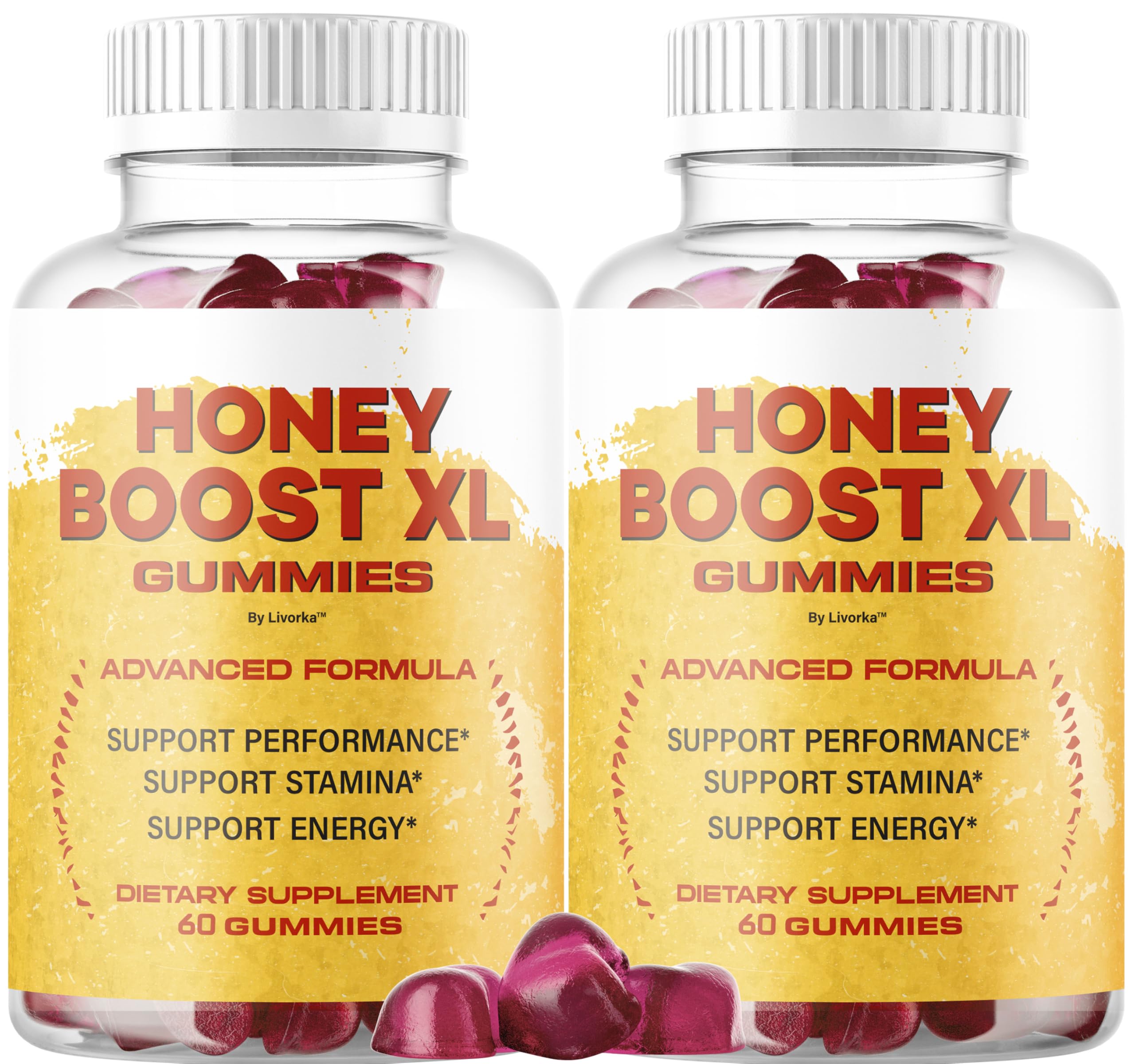 LIVORKA Honey Boost XL gummies bottle promotes daily wellness with convenient on-the-go consumption.