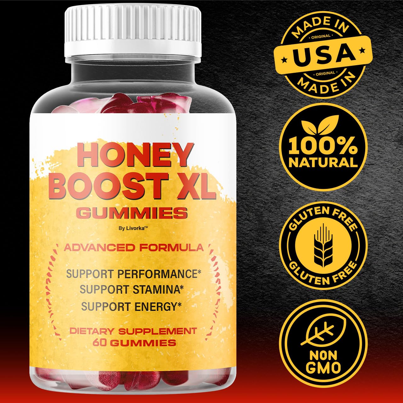 LIVORKA Honey Boost XL gummies closeup reveals glossy texture and natural color.