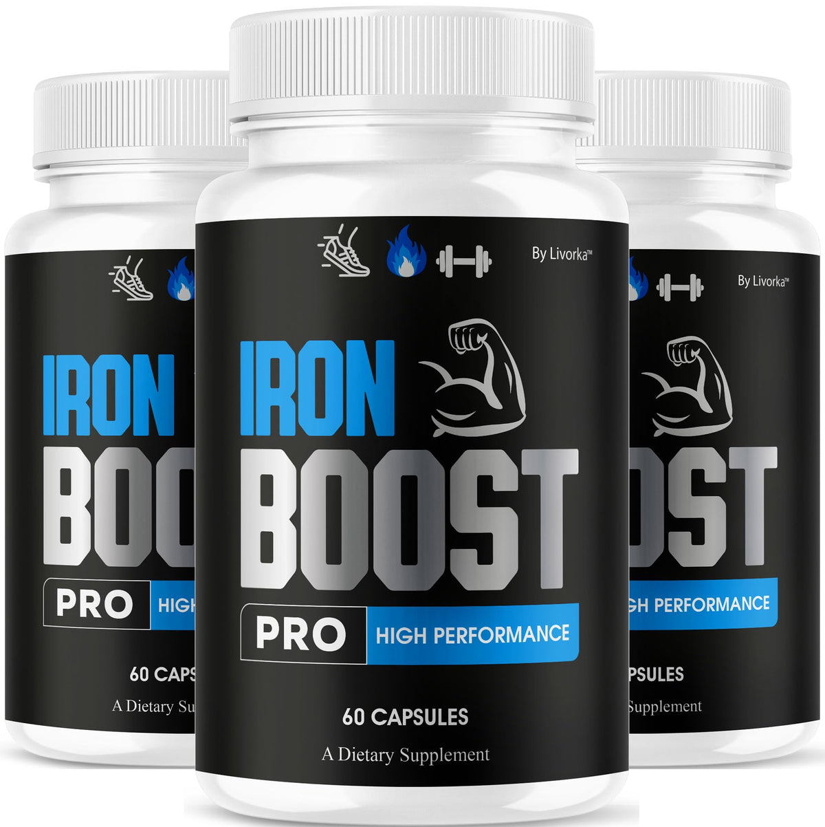 LIVORKA Iron Boost Pro bottle front view highlighting brand and daily support potential.