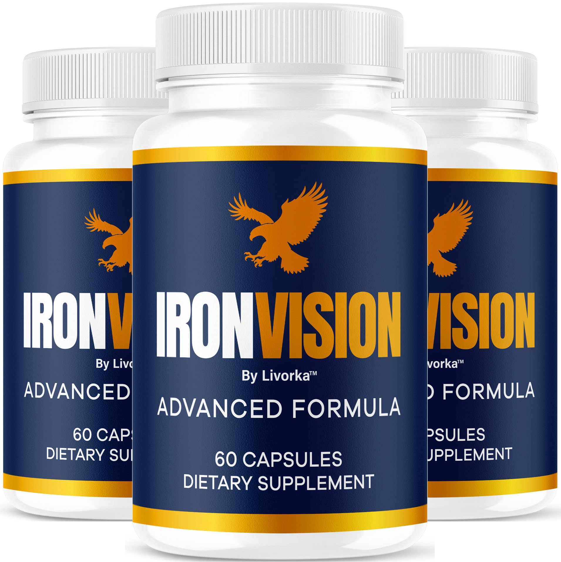LIVORKA Iron Vision bottle close-up for premium eye wellness support.