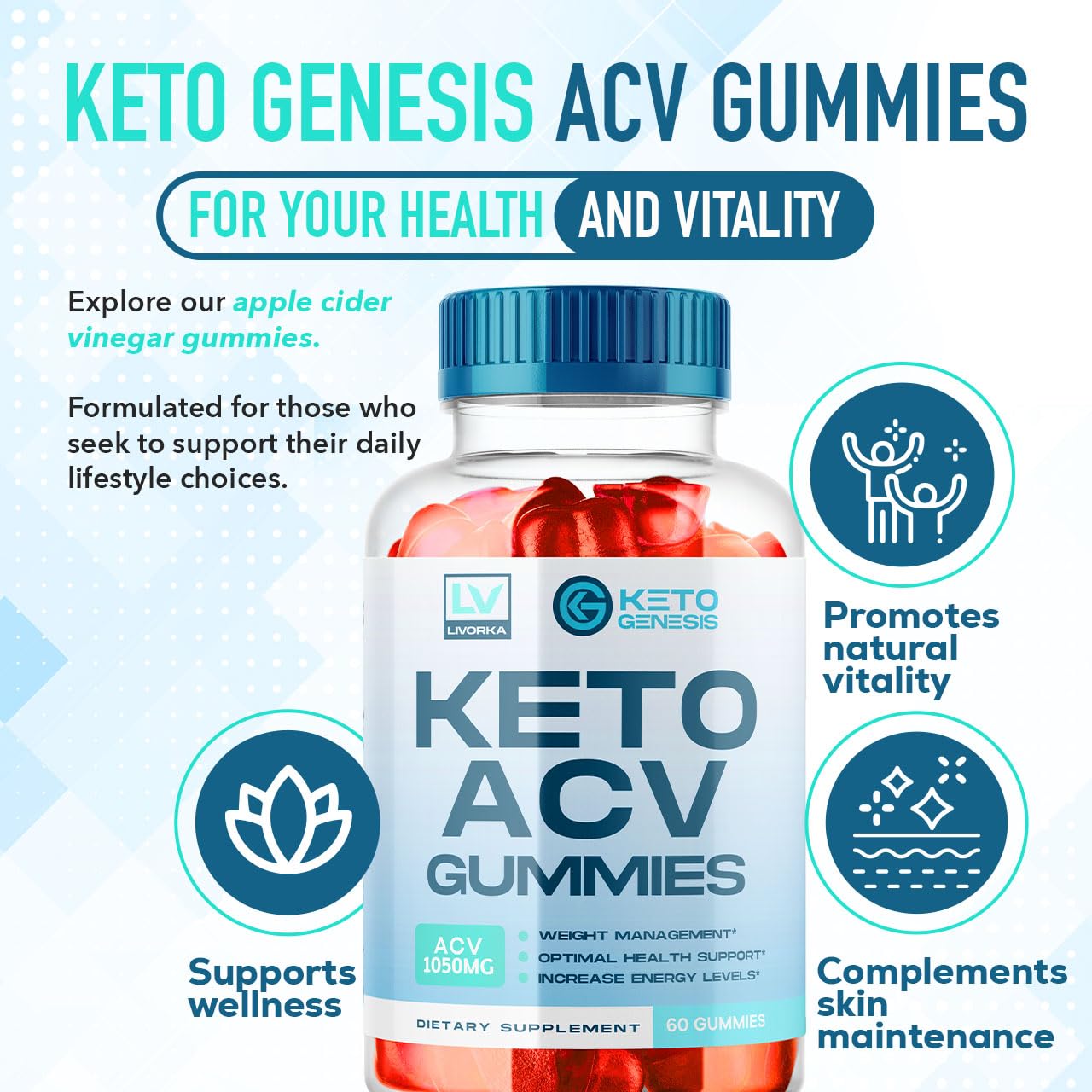 LIVORKA Keto Genesis ACV Gummies bottle close-up highlighting convenient daily supplement