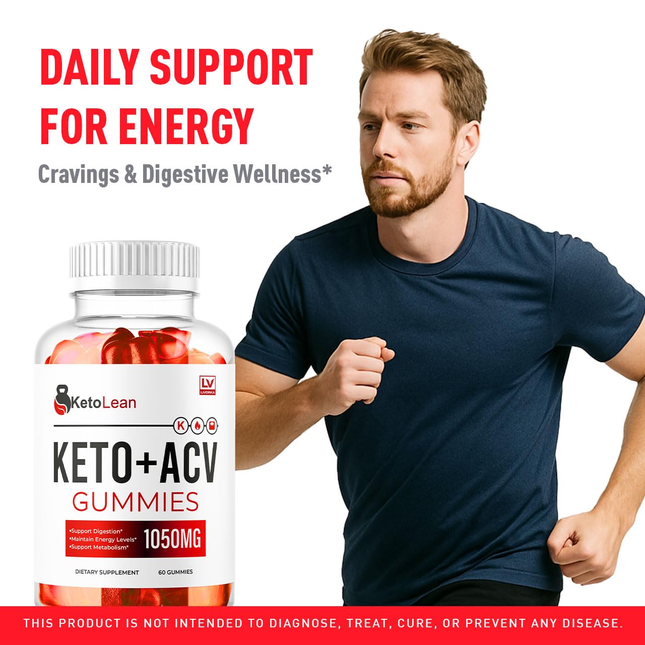 Close-up of LIVORKA Keto Lean ACV Gummies label showing 1050mg formulation.