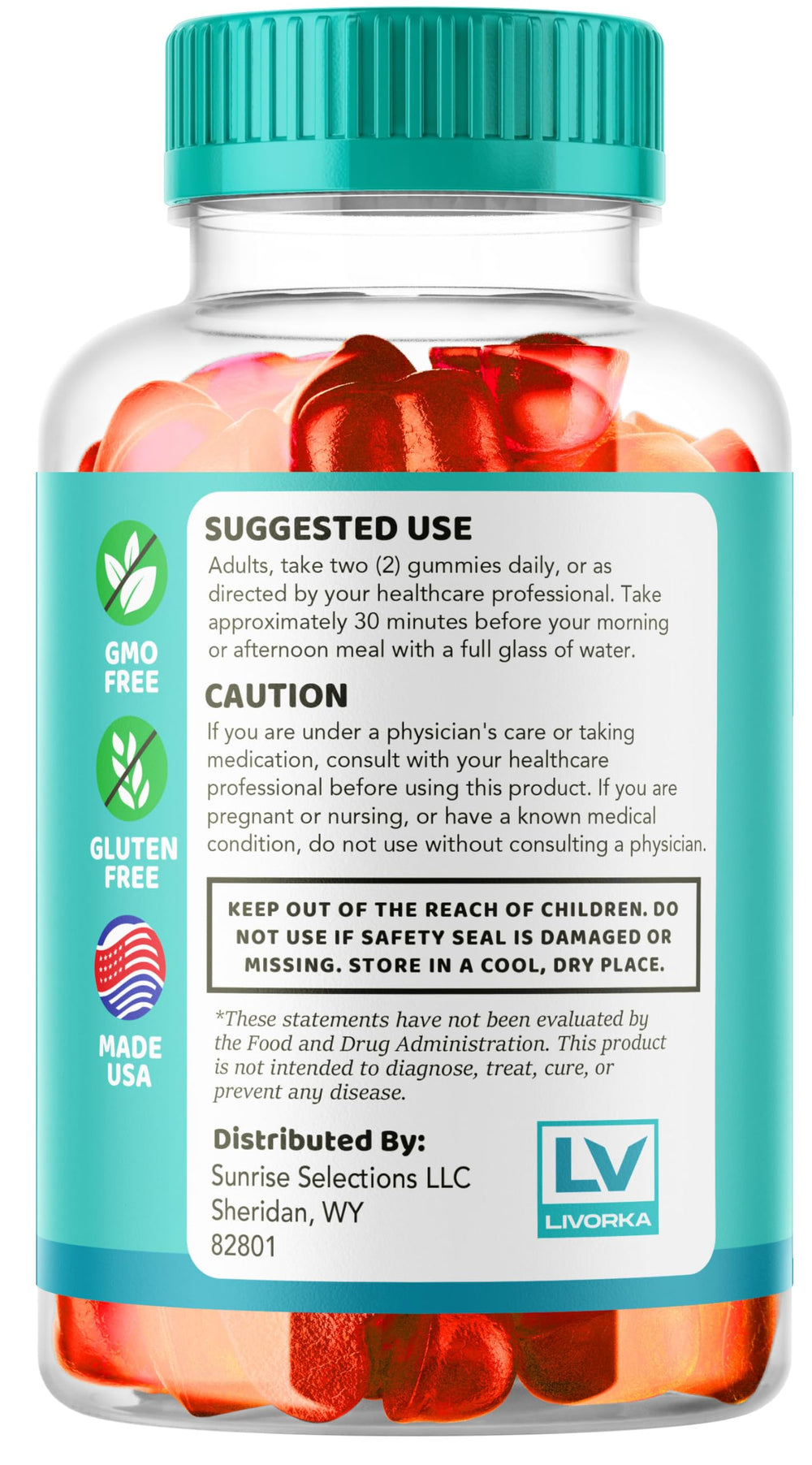 LIVORKA Keto Pure ACV Gummies nutrition facts label provides details.
