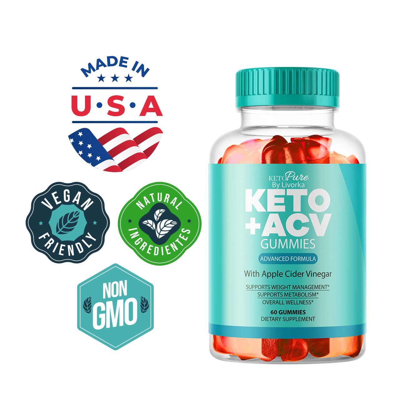 LIVORKA Keto Pure ACV Gummies portion shows two gummies daily.