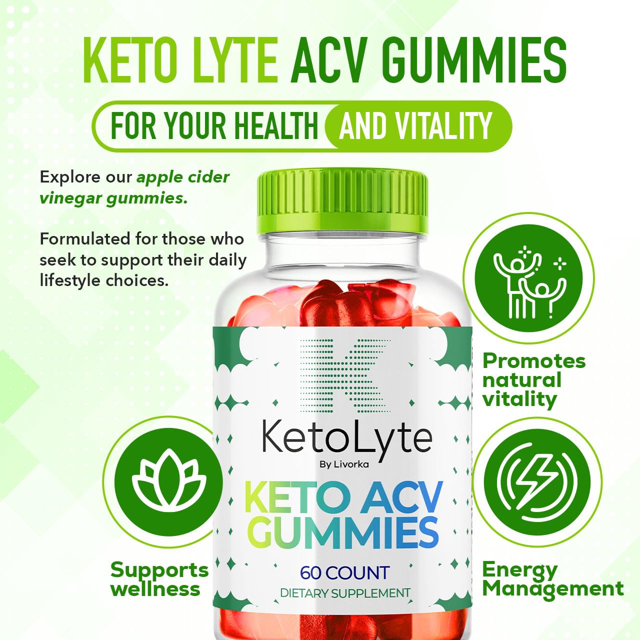 LIVORKA KetoLyte ACV Gummies bottle back shows benefits and serving details for informed daily use.