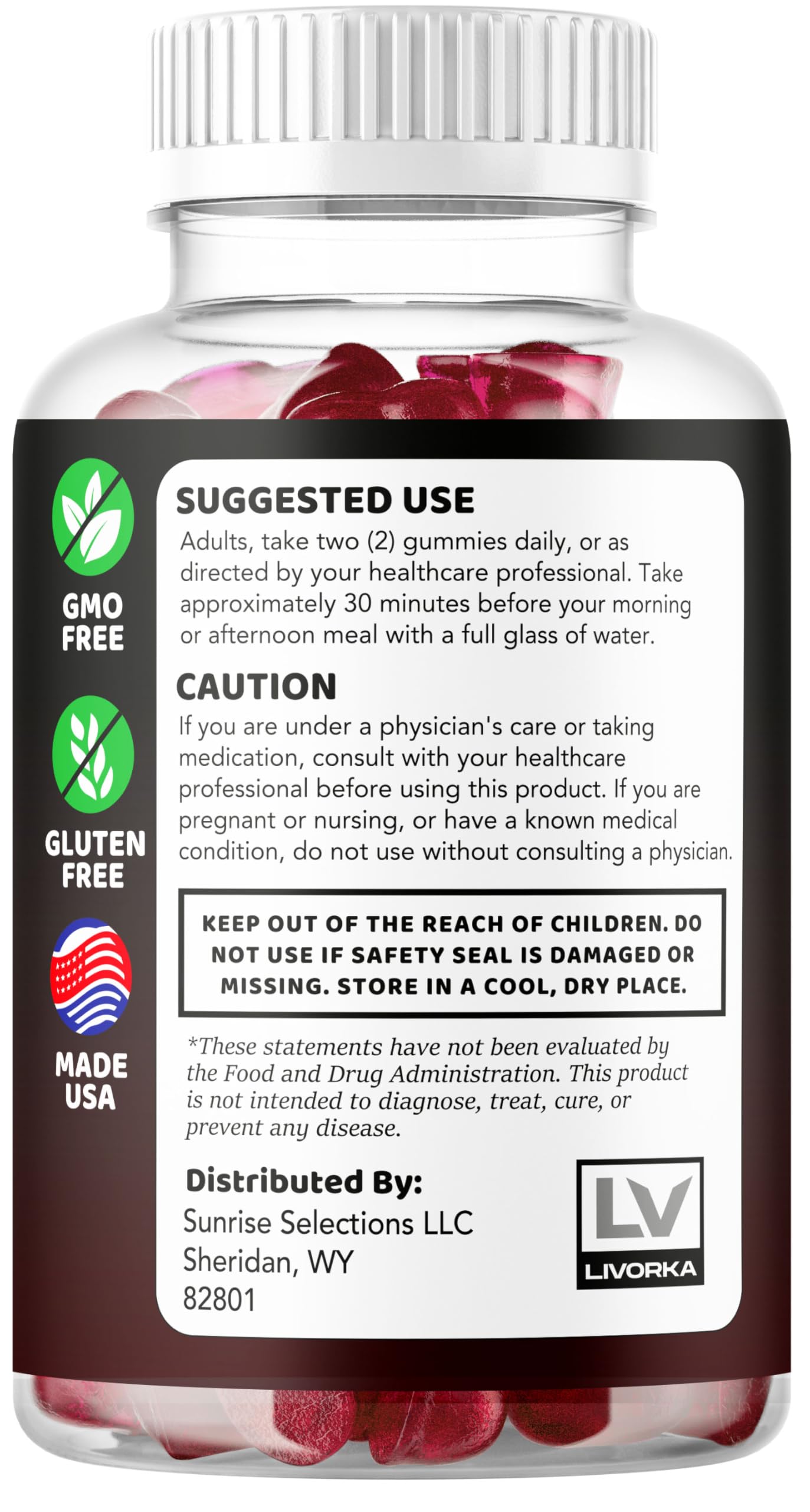 LIVORKA Kickstart Gummies ingredients panel provides natural formula details.
