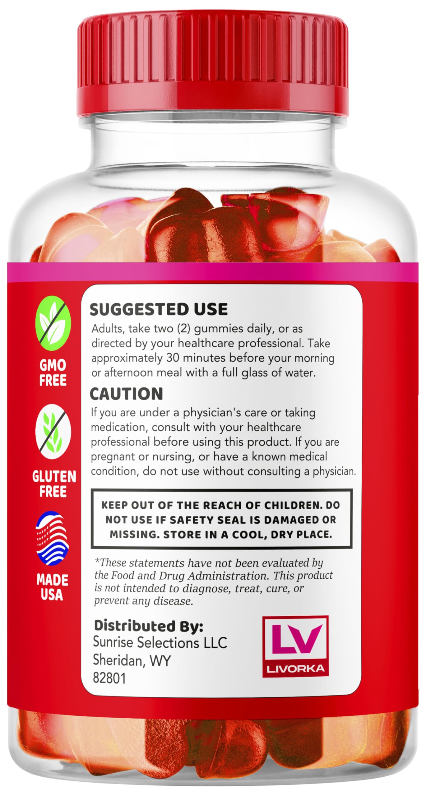 LIVORKA Lipogummy bottle with natural fruit flavor imagery.