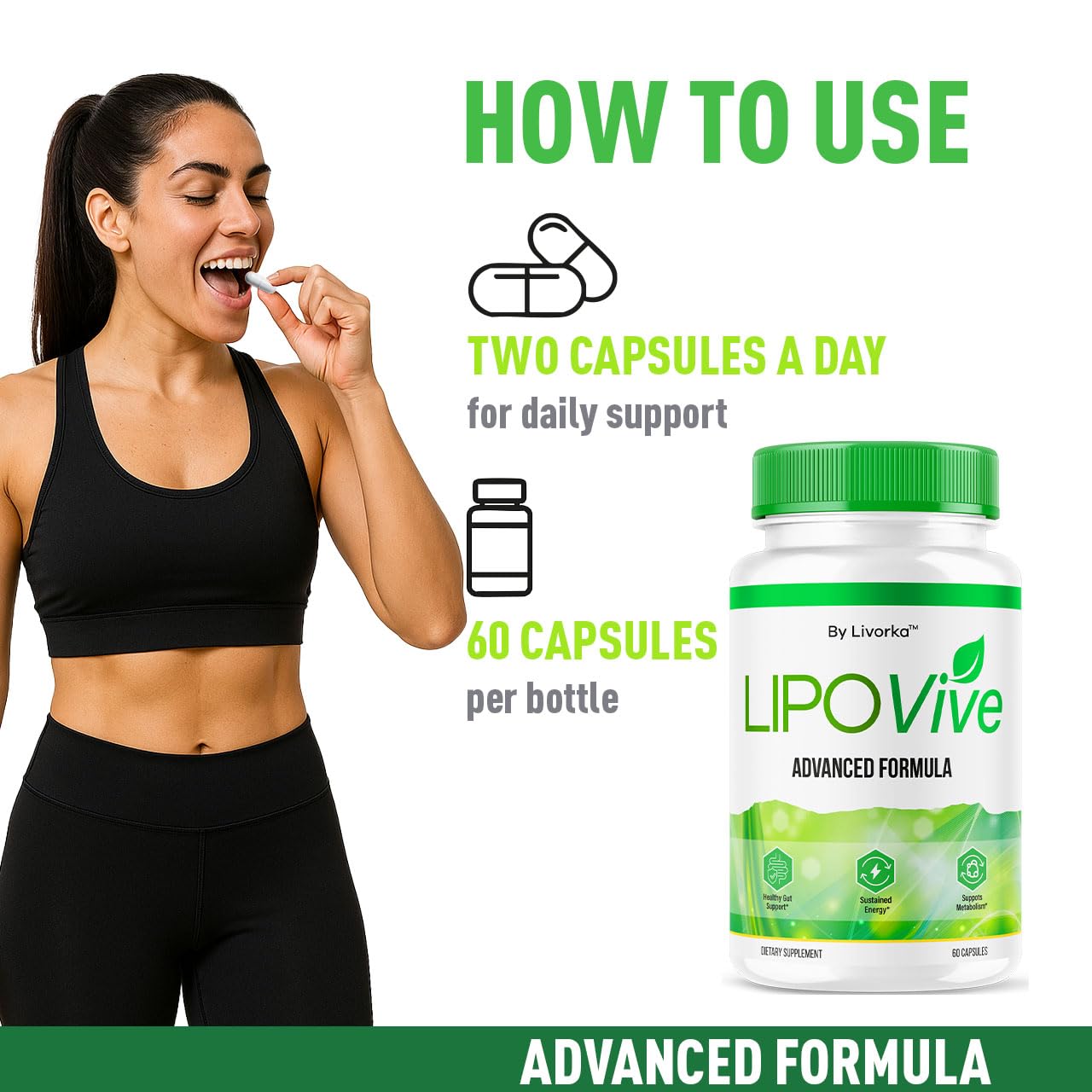 LIVORKA Lipovive bottle pouring capsules demonstrates simple consumption.