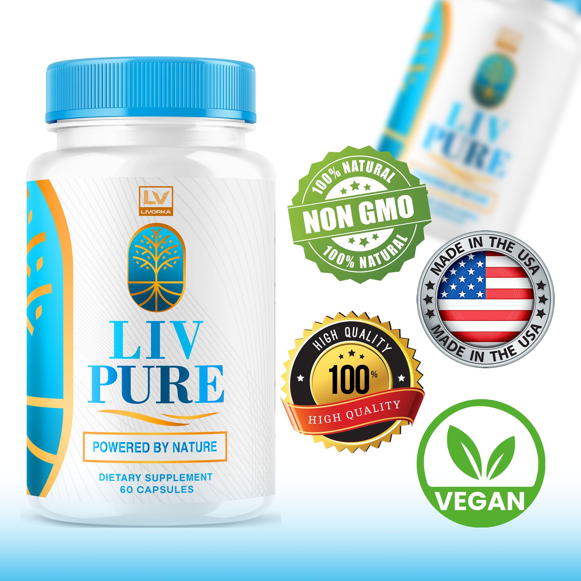 Ingredients close-up behind LIVORKA Liv Pure capsules.