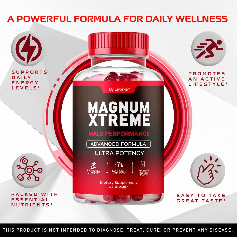 LIVORKA MagnumXtreme Gummies bottle label close-up, natural gummy formula.