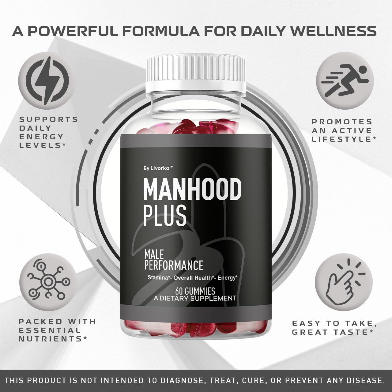 LIVORKA Manhood Plus bottle back view with dosage and label.