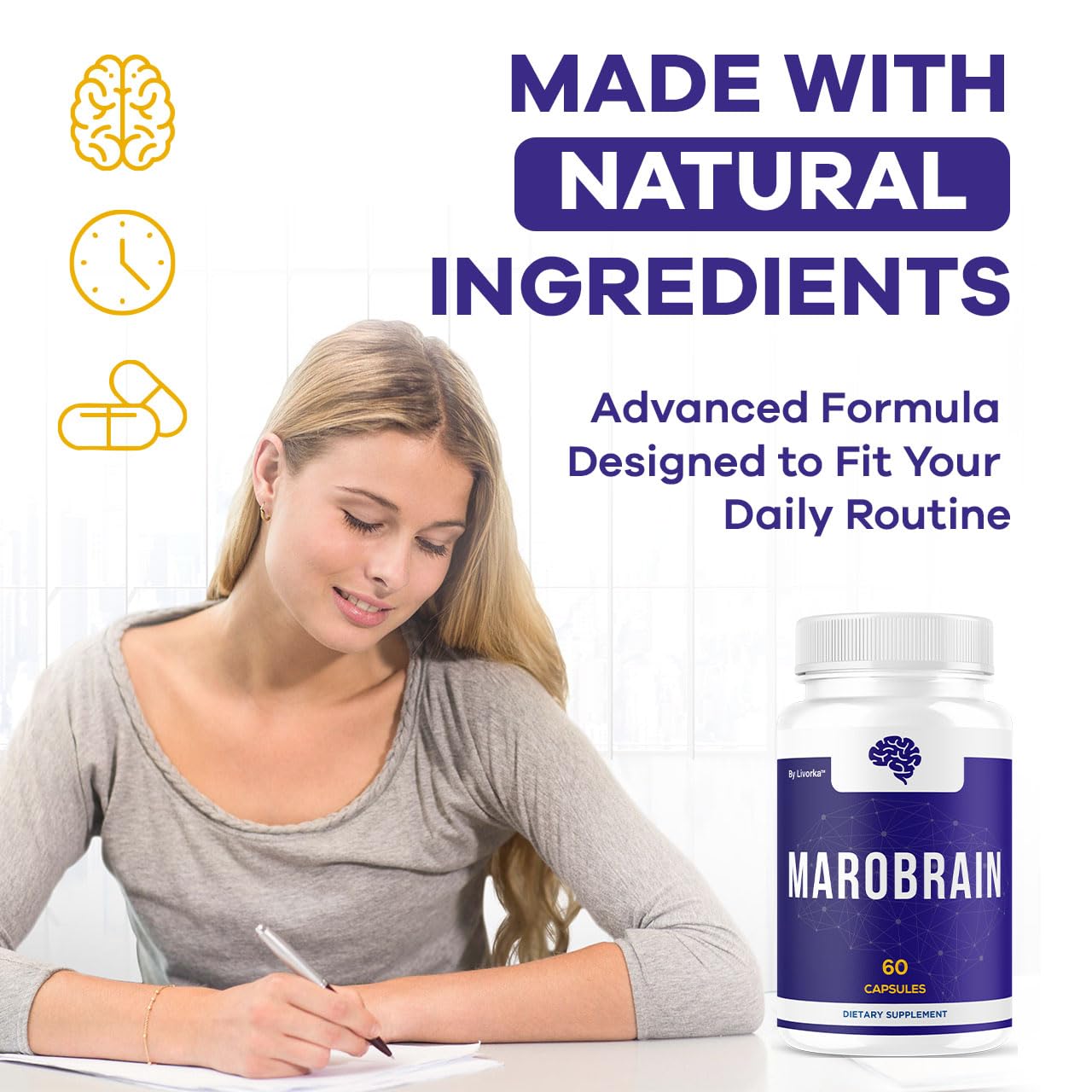 LIVORKA Marobrain capsules on a desk ready for study and focus