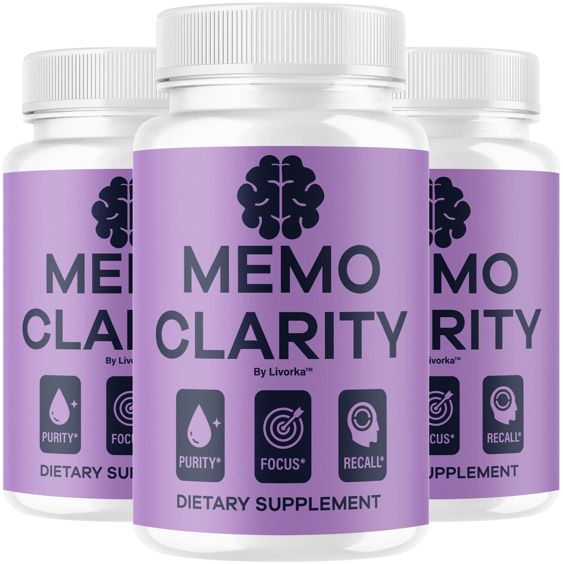 LIVORKA Memo Clarity three-pack bottle-front view for daily focus support