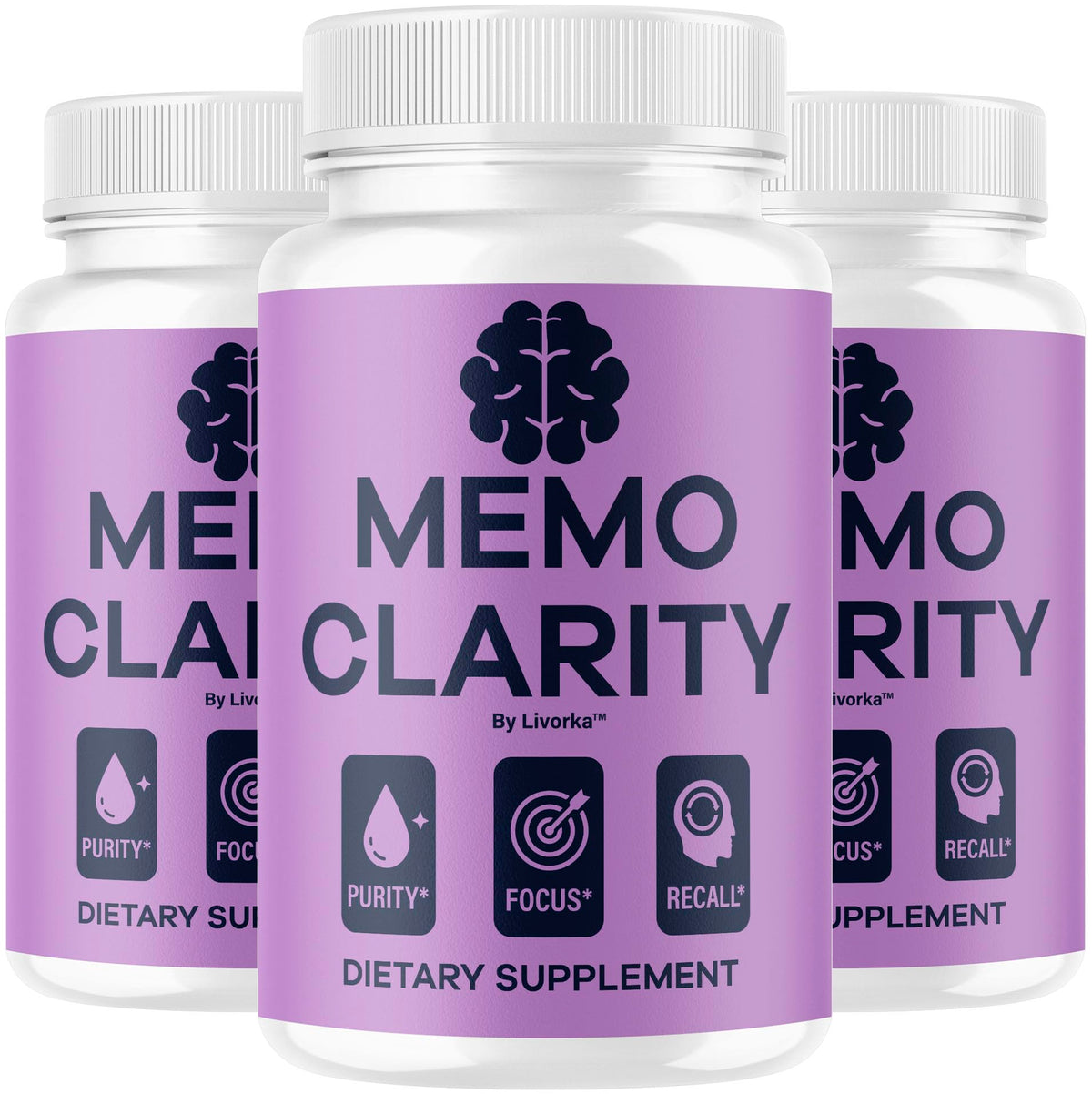 LIVORKA Memo Clarity three-pack bottle-front view for daily focus support