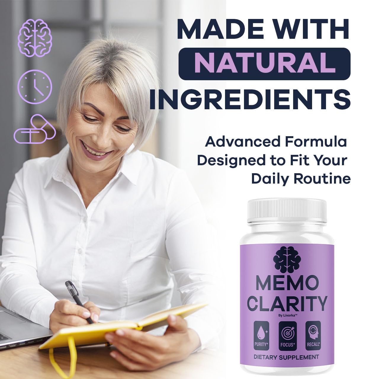 Three-pack on table suggesting easy daily routine with Memo Clarity