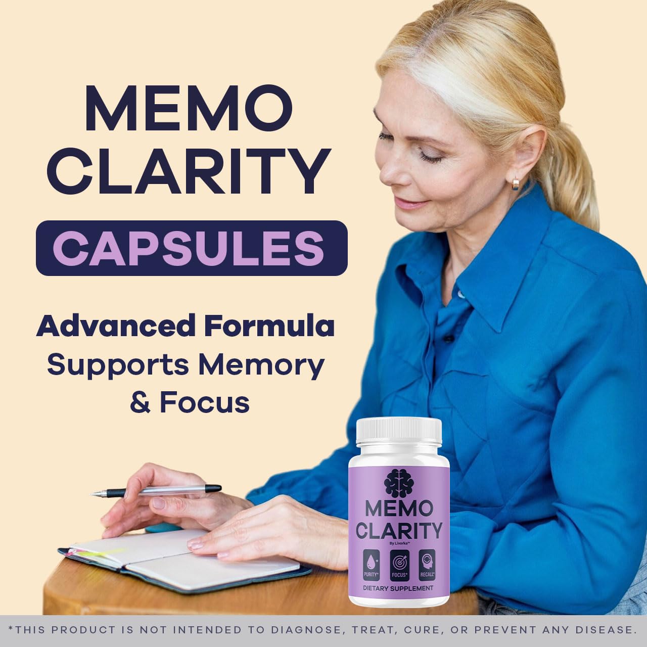 LIVORKA Memo Clarity pills close-up highlighting natural vitamins for mental clarity.