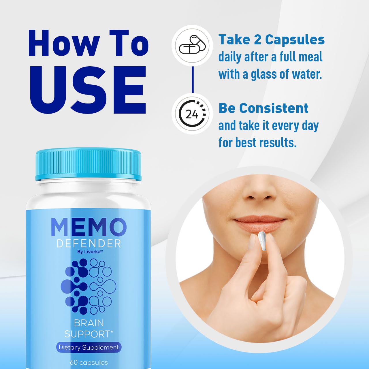 LIVORKA Memo Defender capsules closeup highlighting easy-to-swallow pills