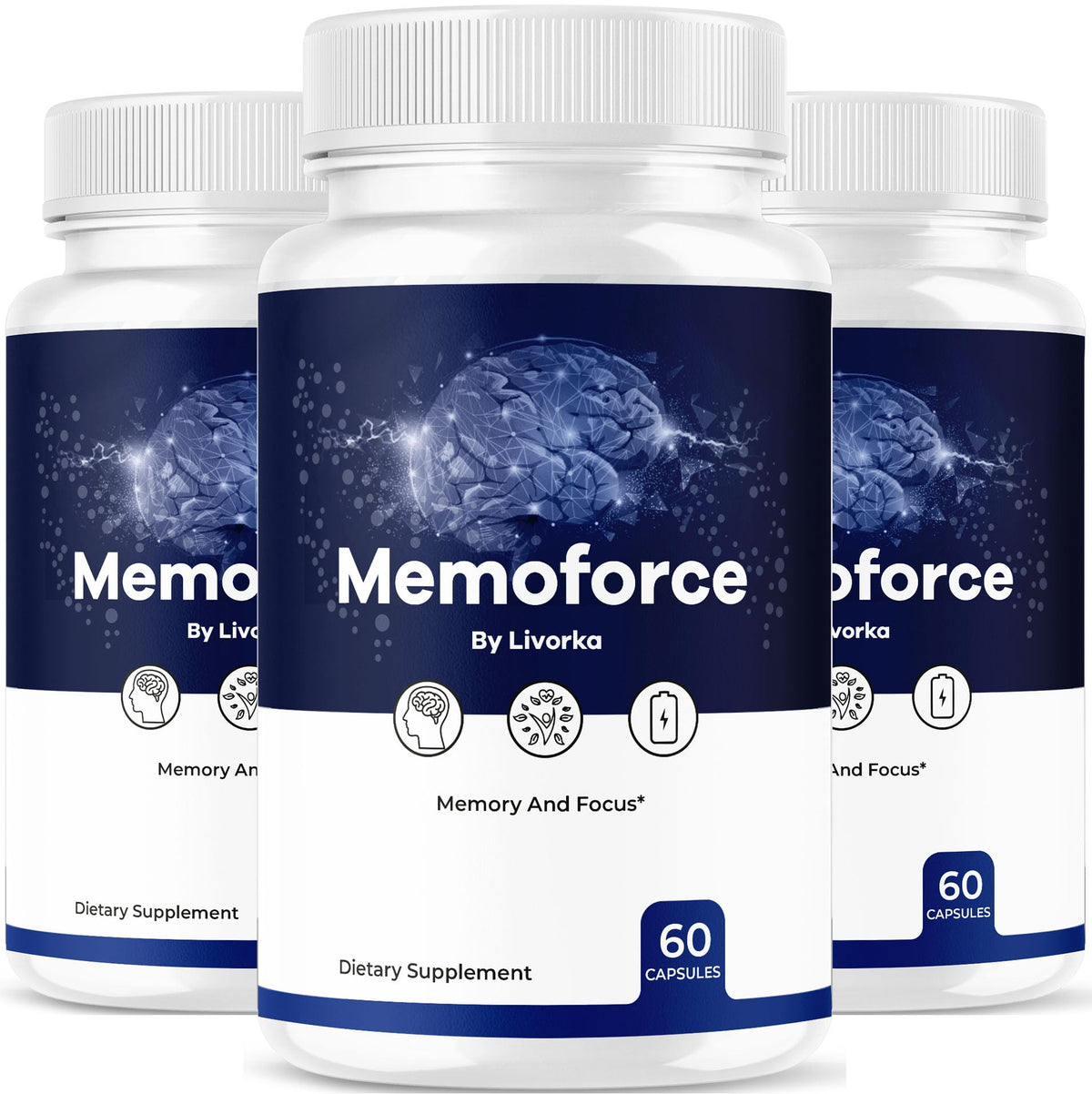 LIVORKA Memoforce 3-pack bottle front, convenient capsules for daily focus support.
