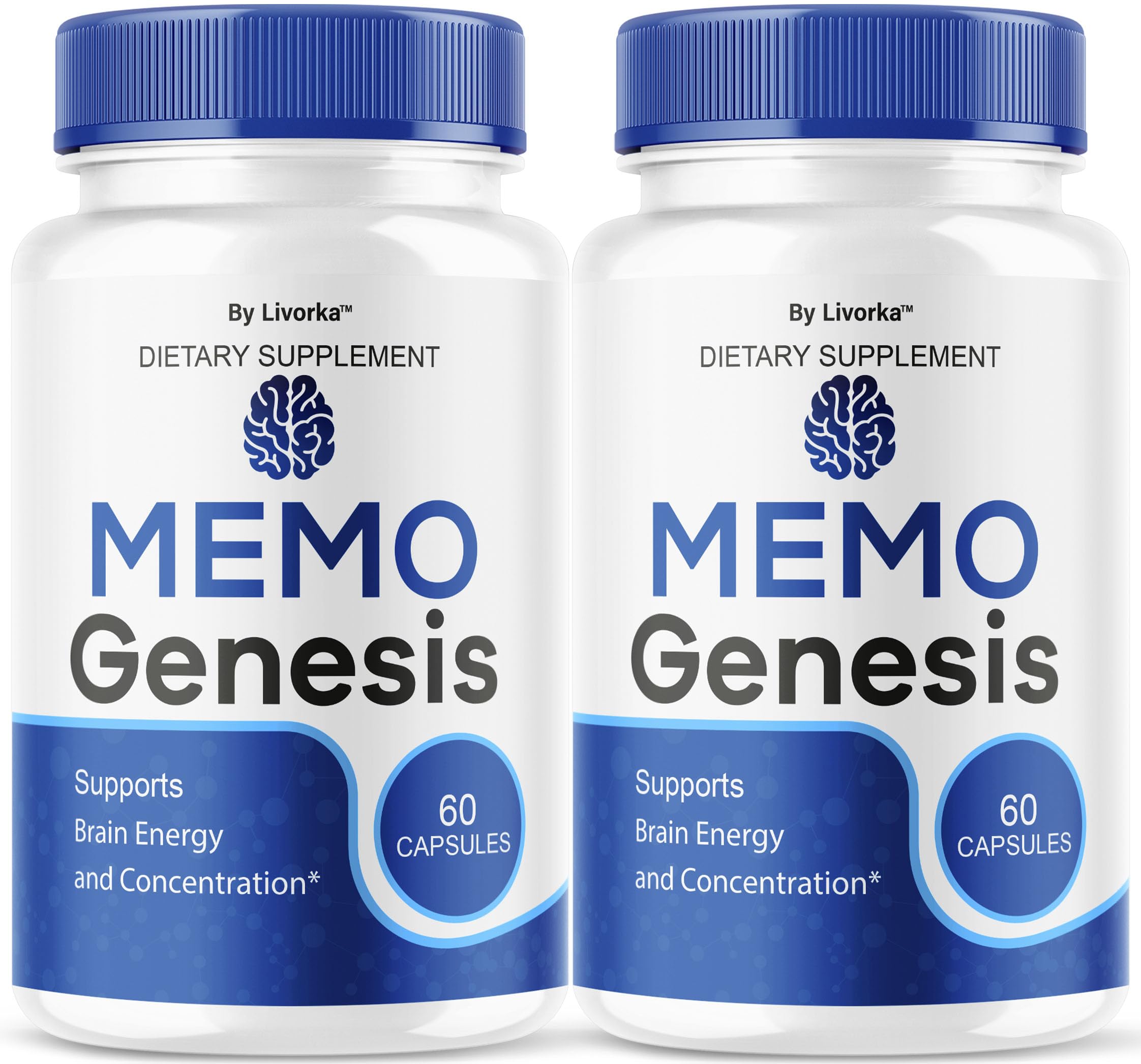 LIVORKA Memo Genesis bottle front view highlighting daily brain health capsules.