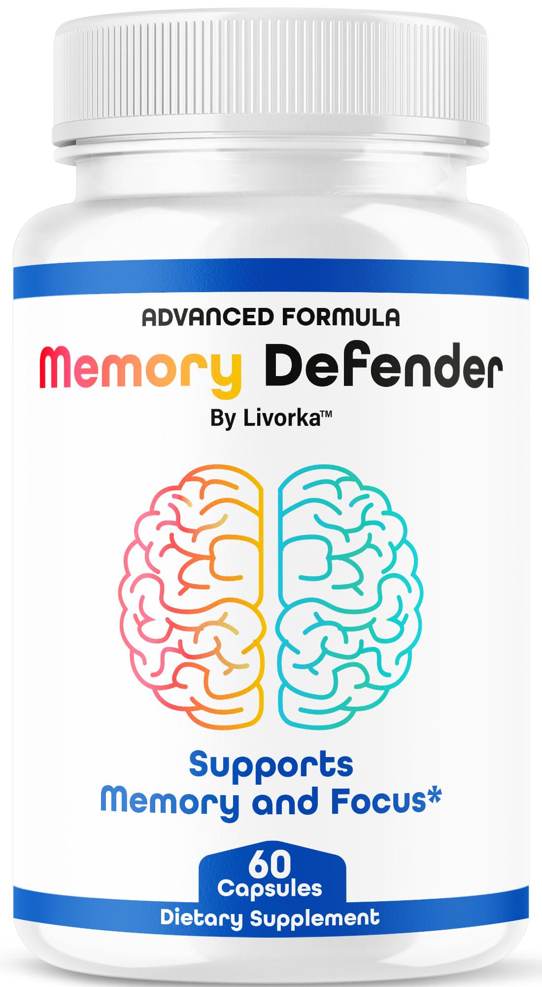 LIVORKA Memory Defender bottle front shows premium brain support formula for daily focus.