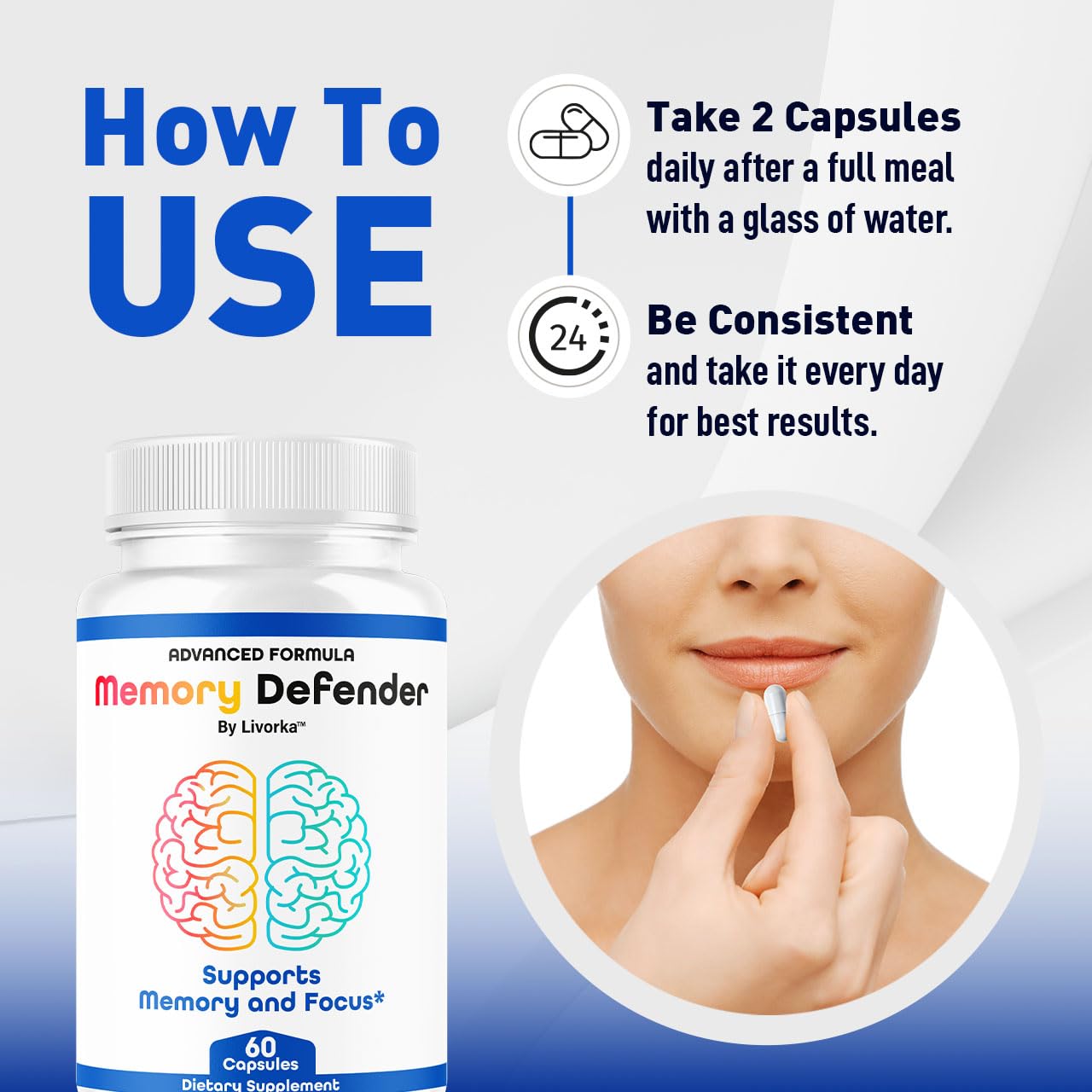 LIVORKA Memory Defender bottle label showing natural ingredients for brain health