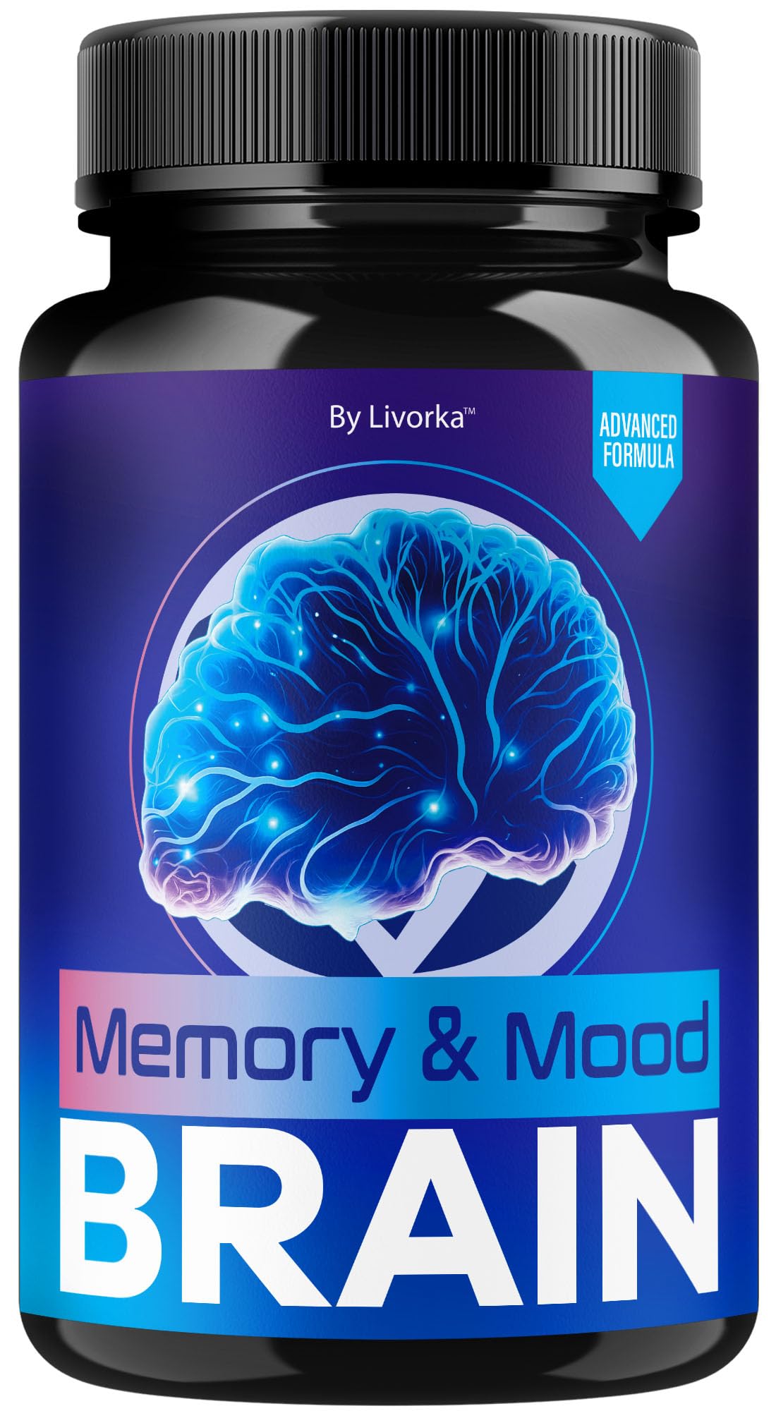 LIVORKA Memory Mood Brain bottle front shows daily support capsules for focus and mood.
