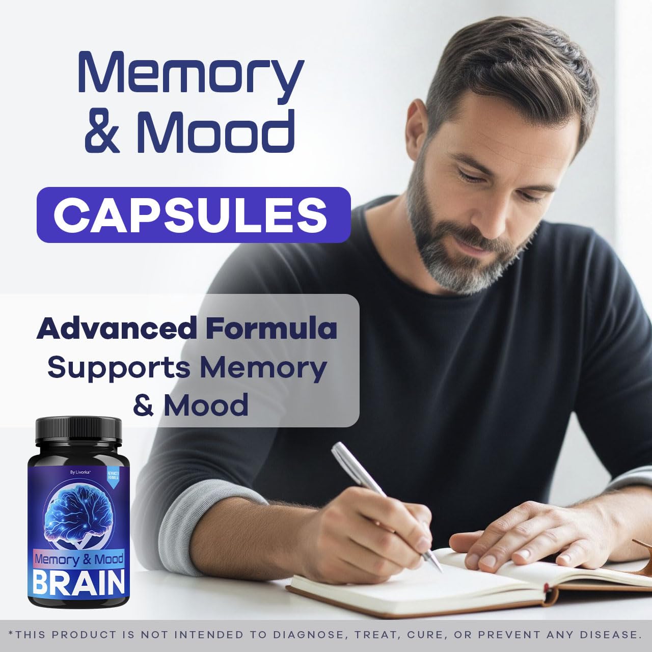 LIVORKA Memory Mood Brain capsules closeup highlights easy daily use for steady focus.