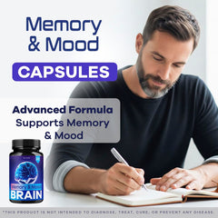 LIVORKA Memory Mood Brain capsules closeup highlights easy daily use for steady focus.