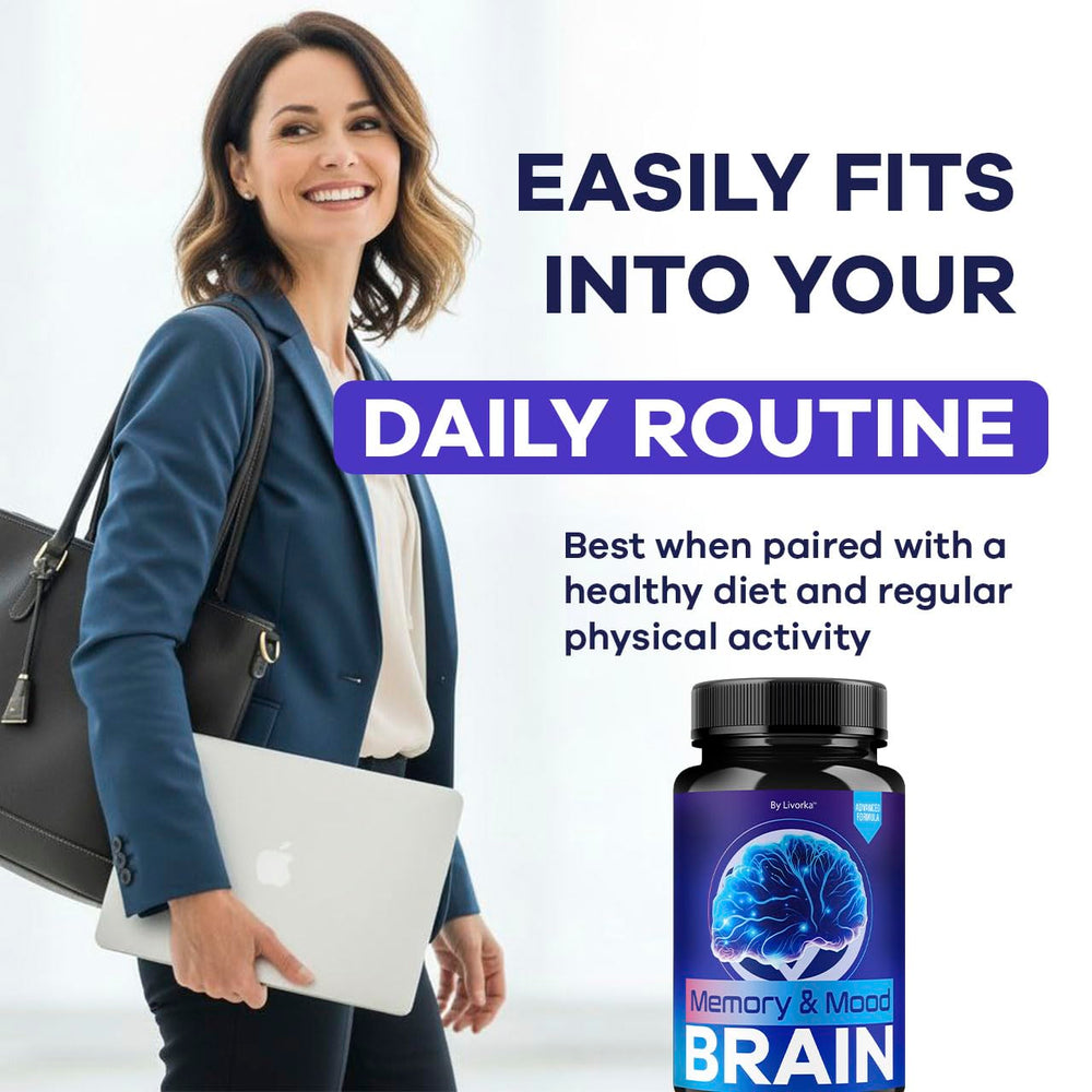 LIVORKA Memory Mood Brain desk scene suggests focus-enhancing daytime use.