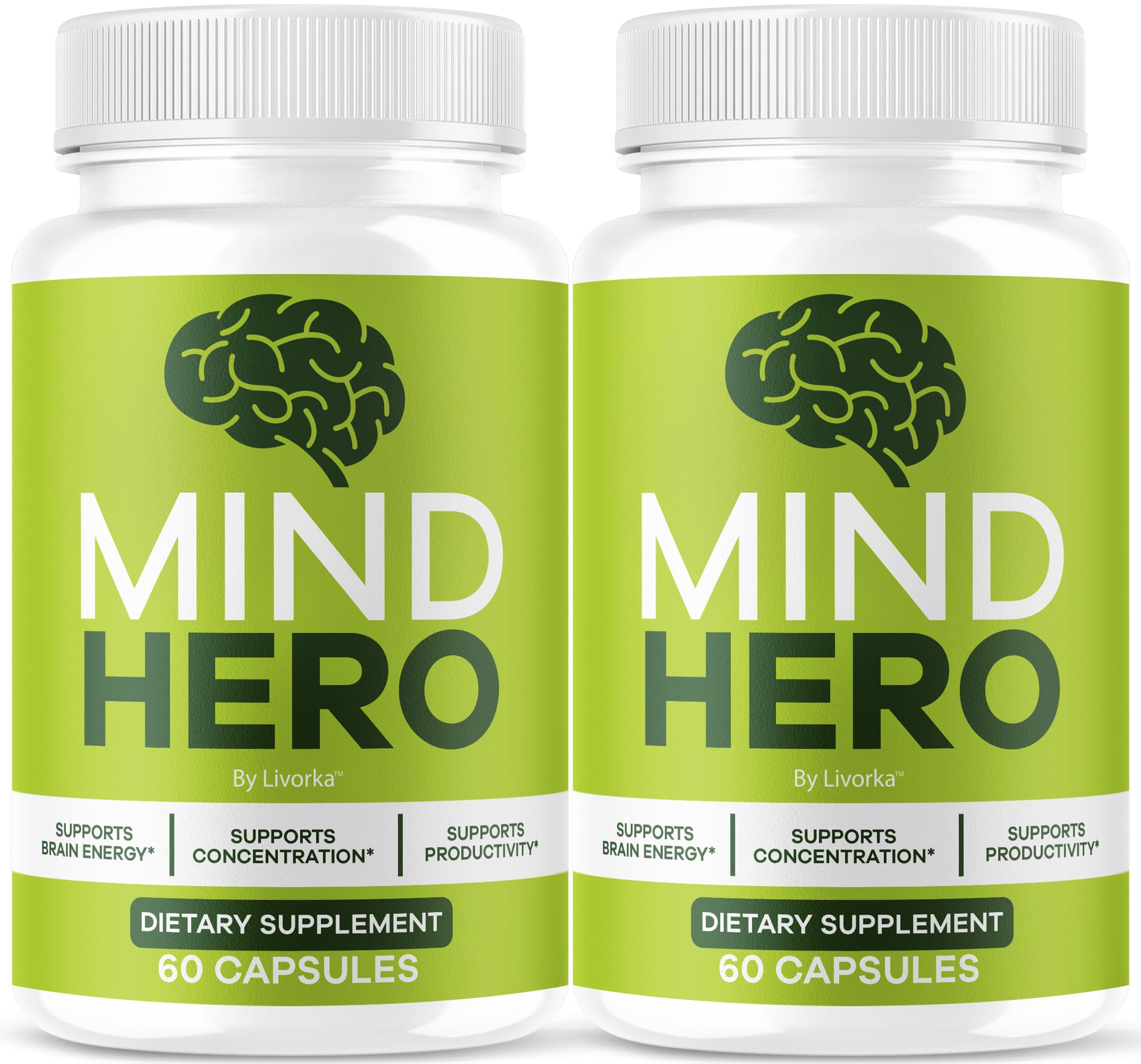 LIVORKA Mind Hero capsules bottle front view highlighting daily focus support