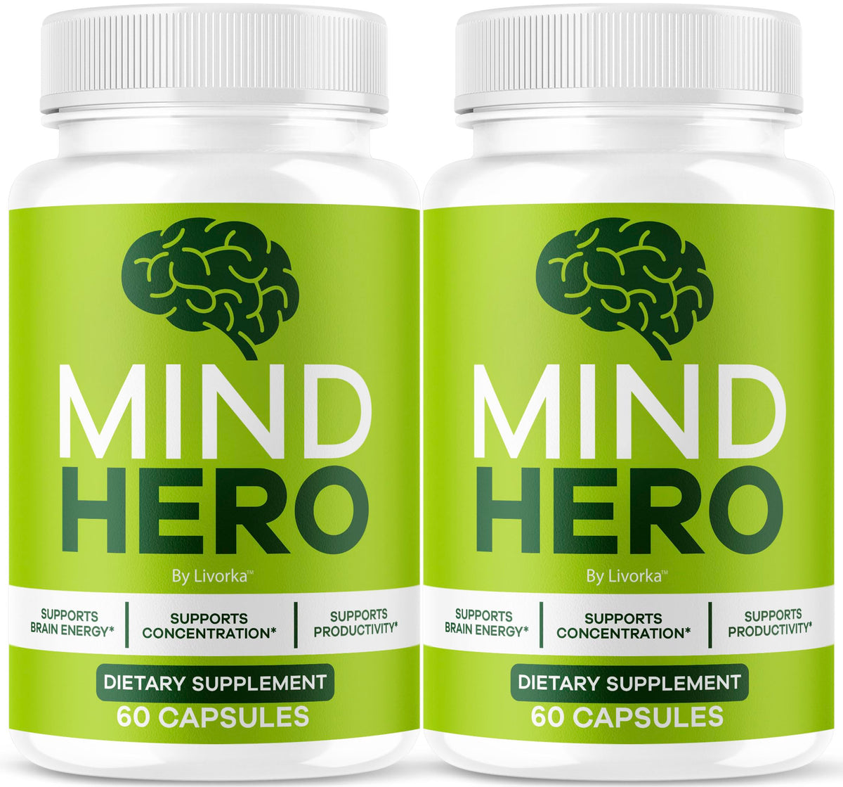 LIVORKA Mind Hero capsules bottle front view highlighting daily focus support
