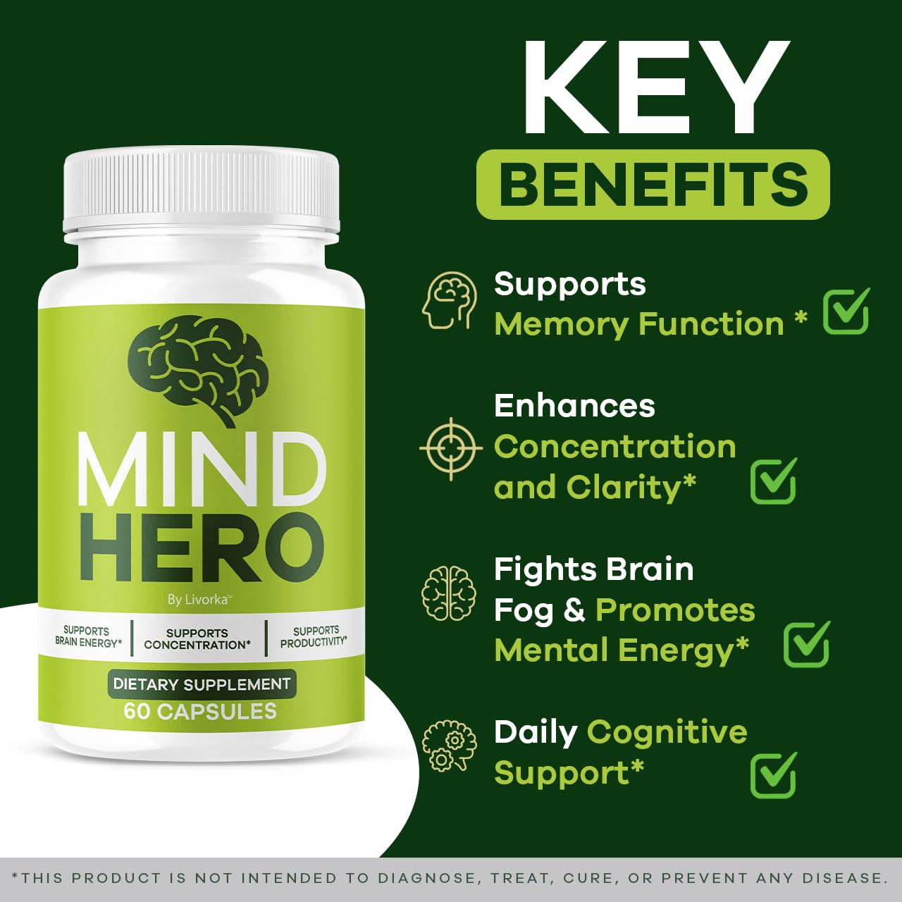 LIVORKA Mind Hero capsules label features advanced brain health blend