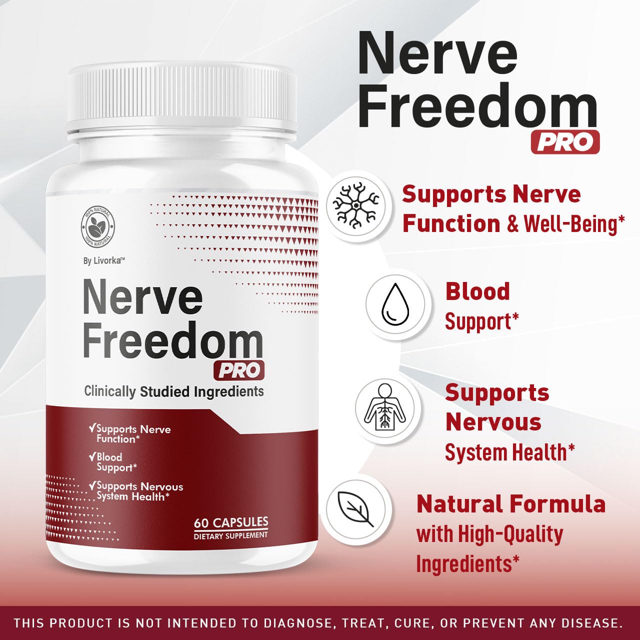 LIVORKA Nerve Freedom Pro capsules closeup, highlighting all-natural ingredients for wellness.