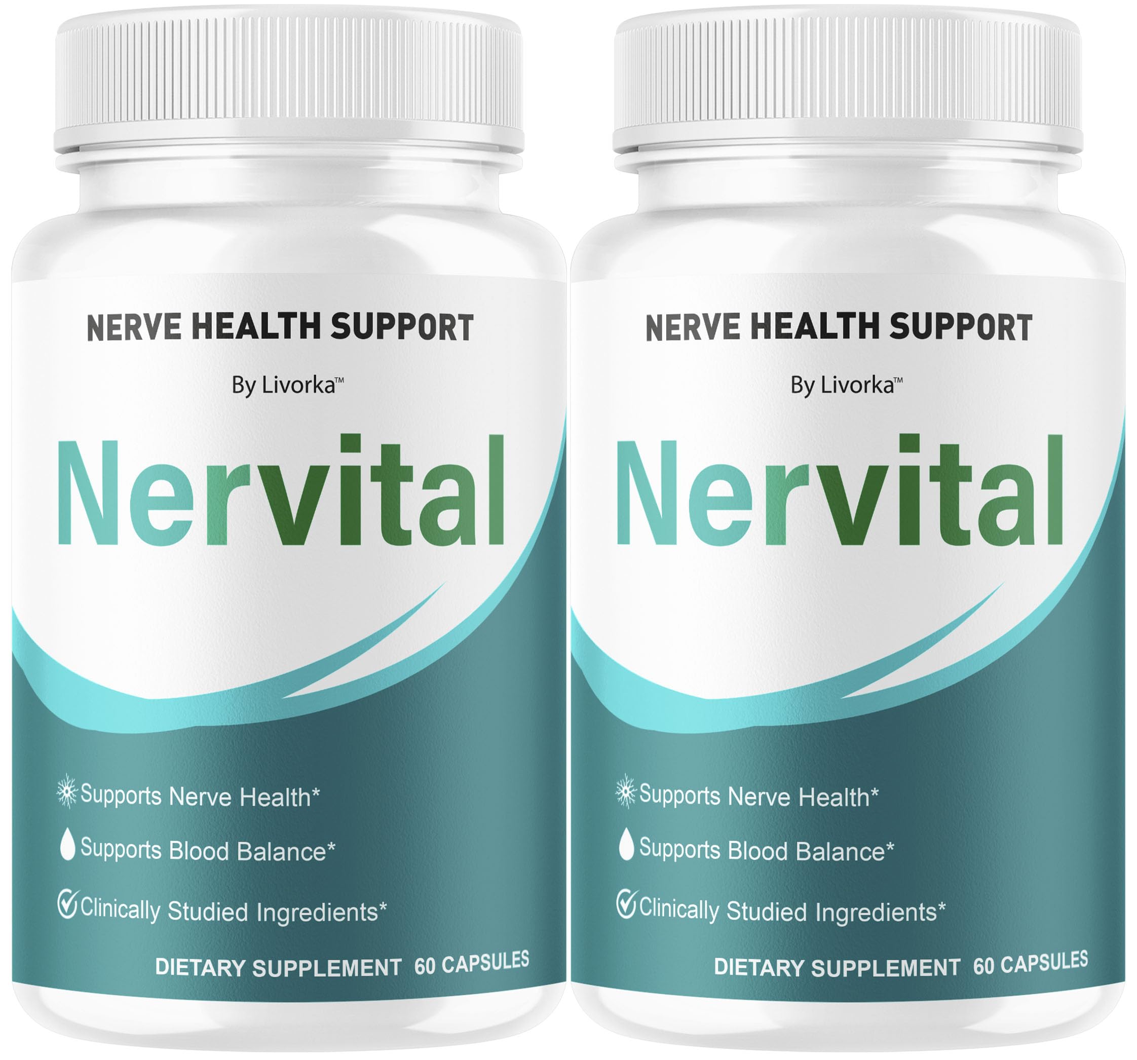 Livorka Nervital capsules bottle front, packaging for daily nerve support.
