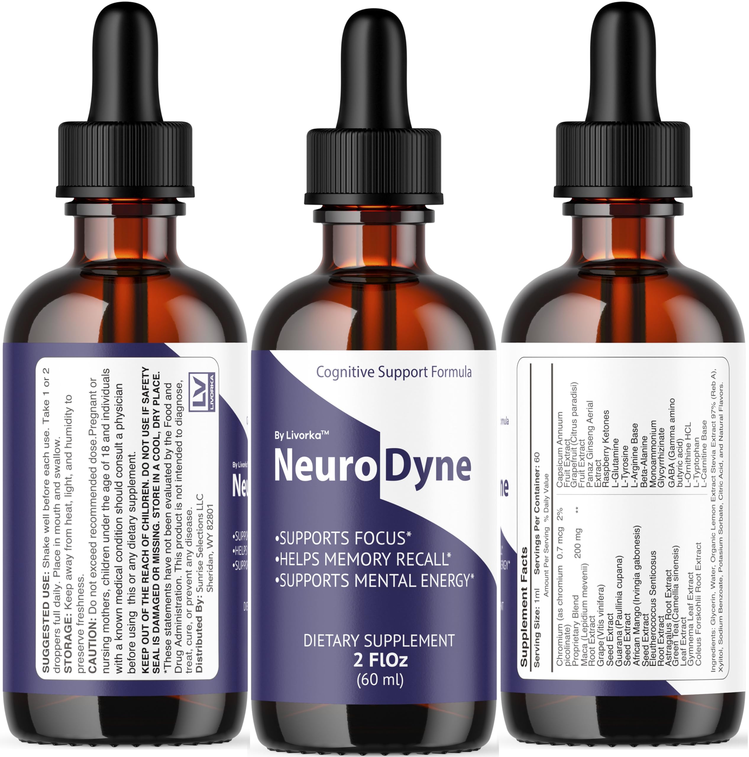 LIVORKA NeuroDyne bottle back shows supplement facts.