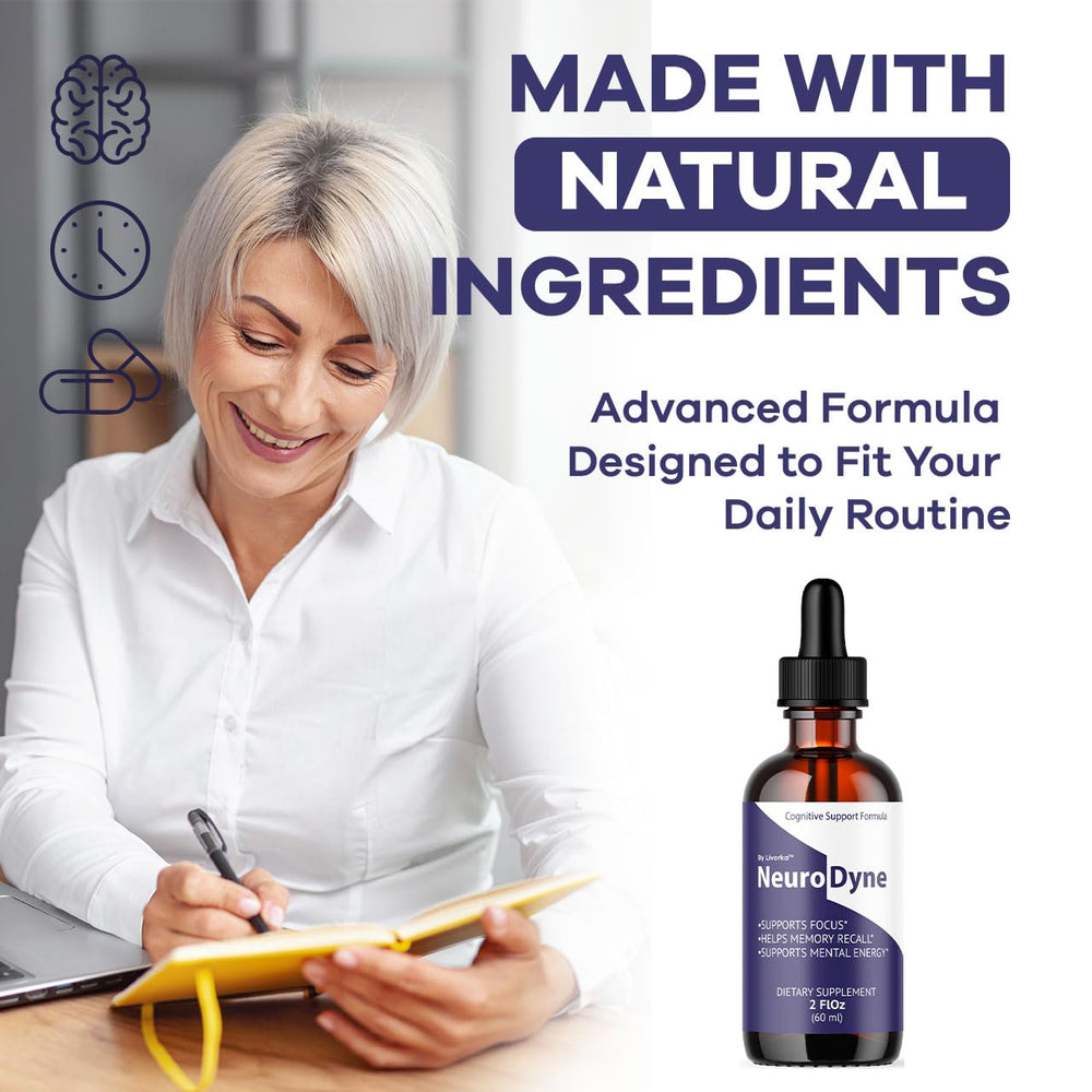 LIVORKA NeuroDyne drops poured into a glass for daily focus.