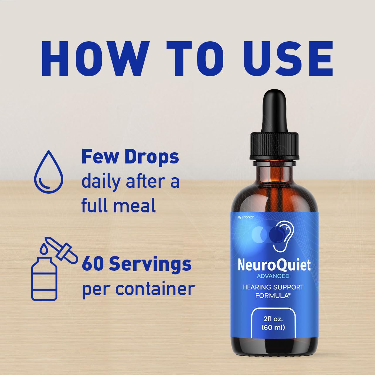 LIVORKA NeuroQuiet Drops label highlighting all‑natural ingredients